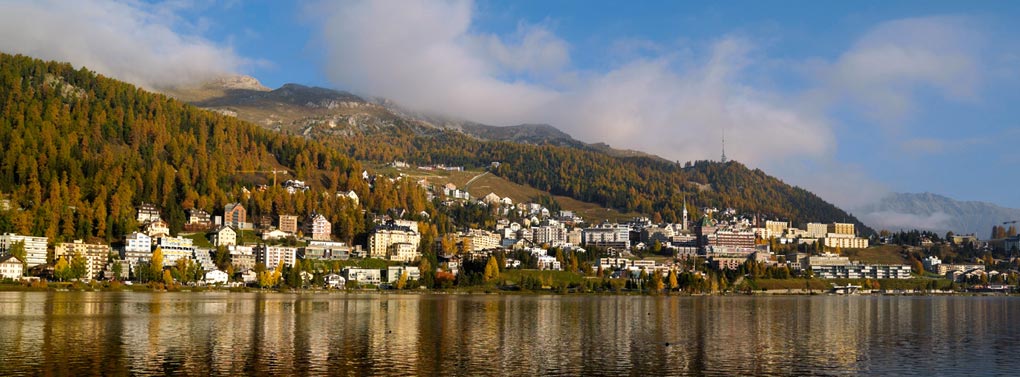 St Moritz village by lake 